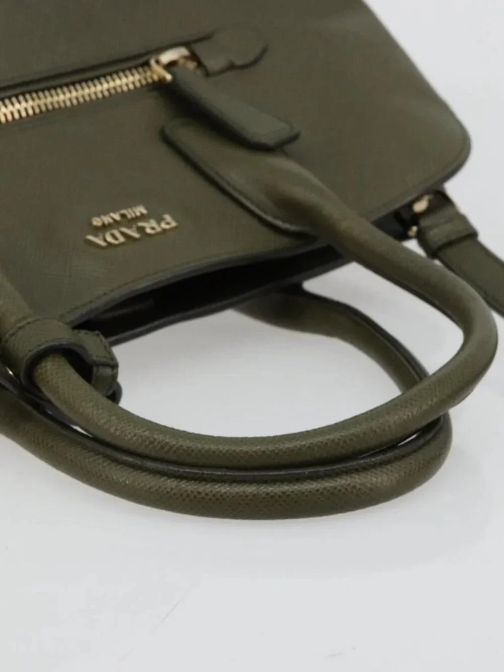 PRADA Cuir Open Promenade Satchel Bag Saffiano 2way Khaki Gold Auth